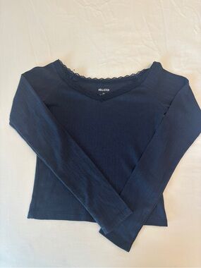 Hollister Navy Lace-Trim Ribbed Long Sleeve Top